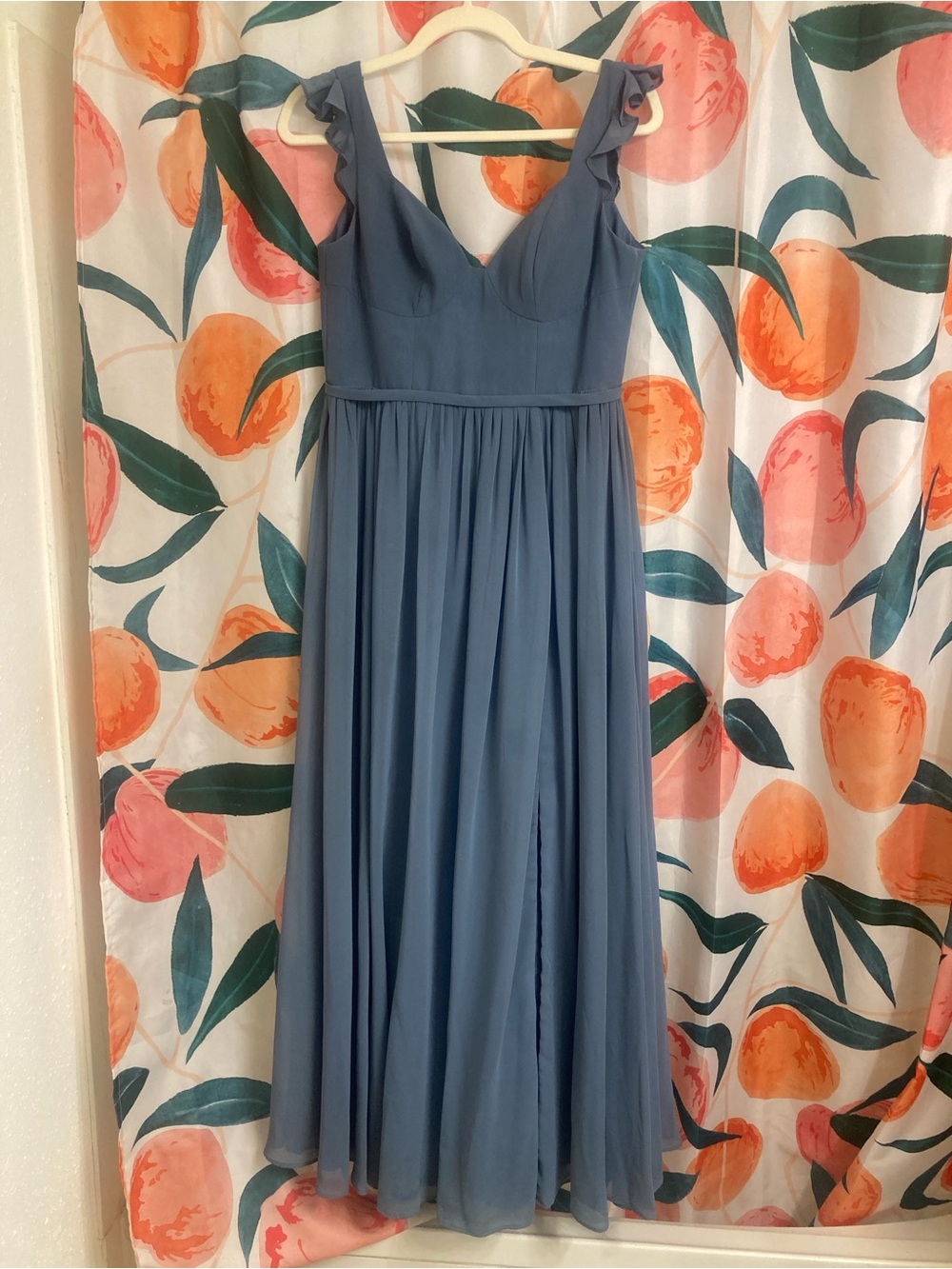 Azazie Dusty Blue Ruffle Strap Maxi Dress